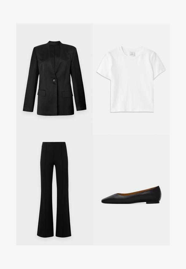 Zwarte blazer met een enkele knoopsluiting, gekartelde revers en twee voorzakken. Gemaakt van gladde stof met een gestructureerde silhoutte.; Witte katoenen t-shirt met een ronde hals, korte mouwen en een rechte zoom. Label met "Won Hundred" aan de voorkant van de halslijn.; Zwarte flared broeken met een hoge taille, gemaakt van rekbaar materiaal. Bevat verticale naden aan de voorkant en heeft een gladde textuur.; Zwarte leren puntschoen met lage hak en gladde afwerking, zijaanzicht op een lichtgrijze achtergrond.
