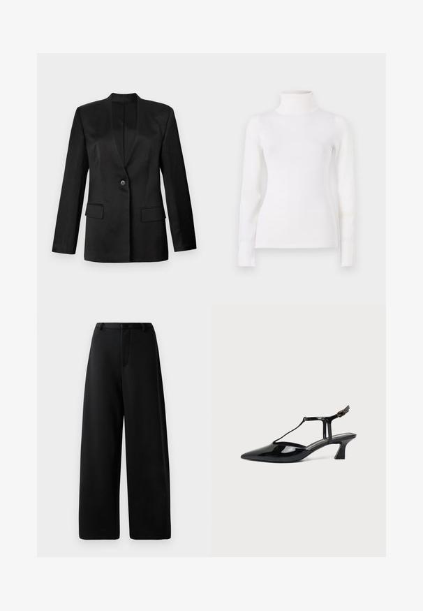 Sort blazer med enkelt knaplukning, v-snit krave og to frontlommere. Lavet af glat stof med en struktureret silhuet.; Hvid turtleneck sweater, tætsiddende design, lange ærmer, blød tekstur, glat stof, minimal detaljer, ribbede manchetter og krave.; Sorte bredbenede bukser lavet af glat stof, med flad front, bæltestropper og lynlås; ingen synlige lommer eller hardware detaljer.; Sort lakeret læder damesko med lav hæl, slingback, spids tå og tynd rem med lille spænde.