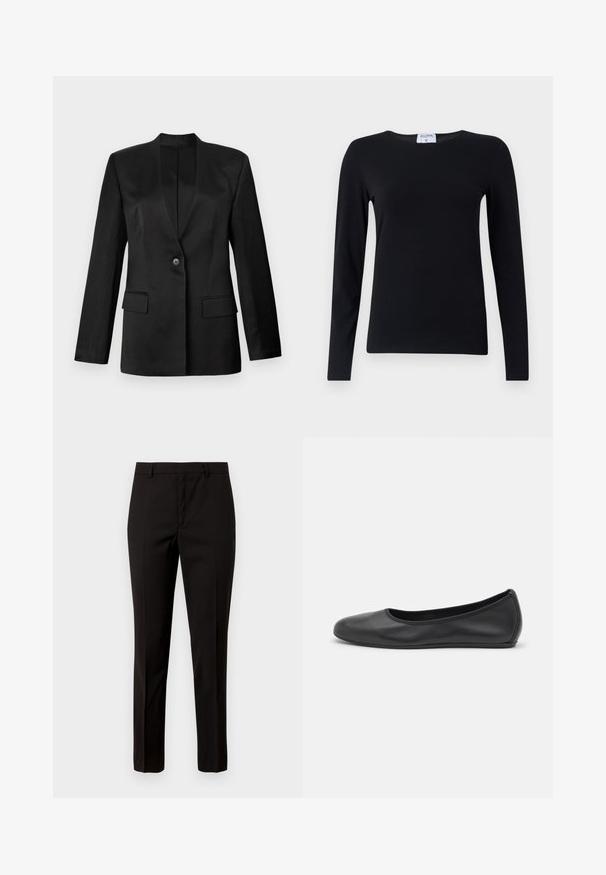 Schwarzer Blazer mit einem einzelnen Knopfverschluss, Reverskragen und zwei vorderen Taschen. Aus glattem Stoff mit strukturierter Silhouette gefertigt.; Langärmliges schwarzes Shirt aus weichem Stoff, mit Rundhalsausschnitt, geradem Schnitt und minimalen Nähten für ein sauberes Erscheinungsbild.; Schwarze maßgeschneiderte Hose mit geradem Bein, aus glattem Stoff, mit flachem Bund und Gürtelschlaufen. Keine sichtbaren Muster oder Akzente.; Schwarze Leder-Ballettschuhe mit abgerundeter Spitze, glatter Textur, minimalen Nähdetails und einem flexiblen Sohlen-Design.