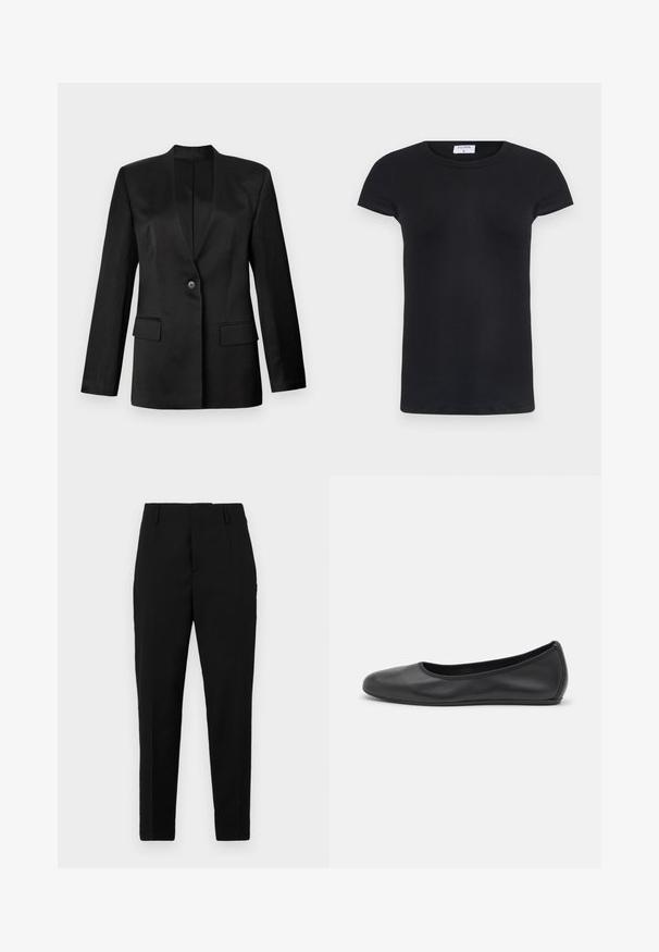Sort blazer med enkelt knaplukning, v-snit krave og to frontlommere. Lavet af glat stof med en struktureret silhuet.; Sort ribbet T-shirt med rund halsudskæring og korte ærmer. Blødt materiale med en tætsiddende pasform, som har et mærke i nakken.; Sorte bukser med en skræddersyet pasform, der har sidelommer, en glat tekstur og et strømlinet design, der bliver smalere mod anklerne.; Sort læderballetsko med rund tå, glat tekstur, minimal syning og et fleksibelt såldesign.
