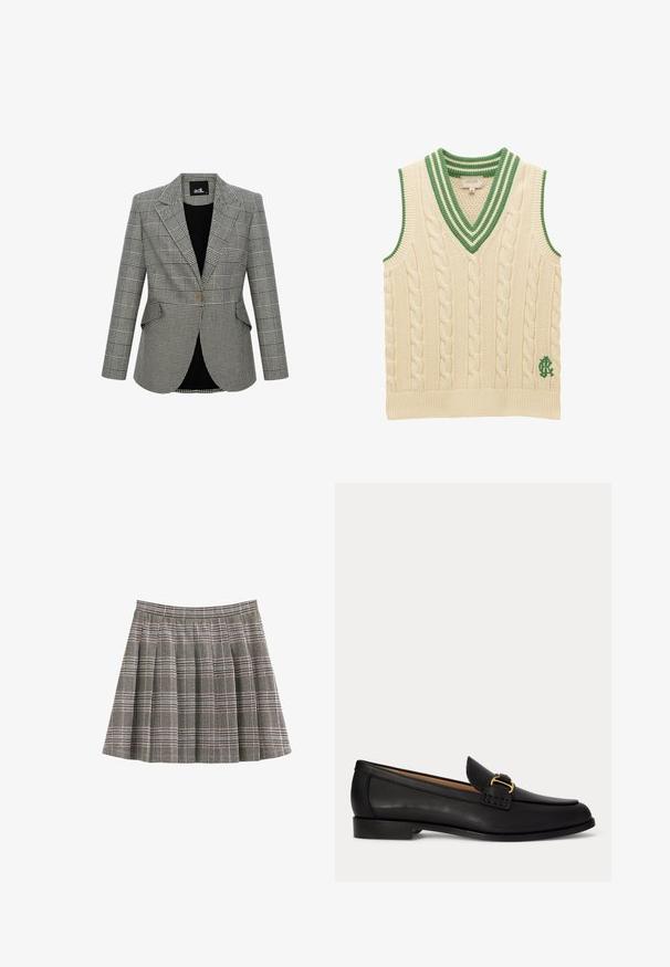 Blazer a cuadros grises con un diseño estructurado, solapas con muesca, cierre de un solo botón y dos bolsillos delanteros. Forrado con tejido negro.; Chaleco sin mangas de punto con cable en color crema, con escote en V con rayas verdes y logo verde bordado cerca del dobladillo.; Falda de cuadros en negro, blanco y gris con pliegues y una cintura ajustada. Textura lisa con un patrón clásico de tartán en toda la prenda.; Mocasín de cuero negro con un pequeño tacón y hebilla dorada decorativa en la parte delantera, mostrado de lado sobre fondo blanco.