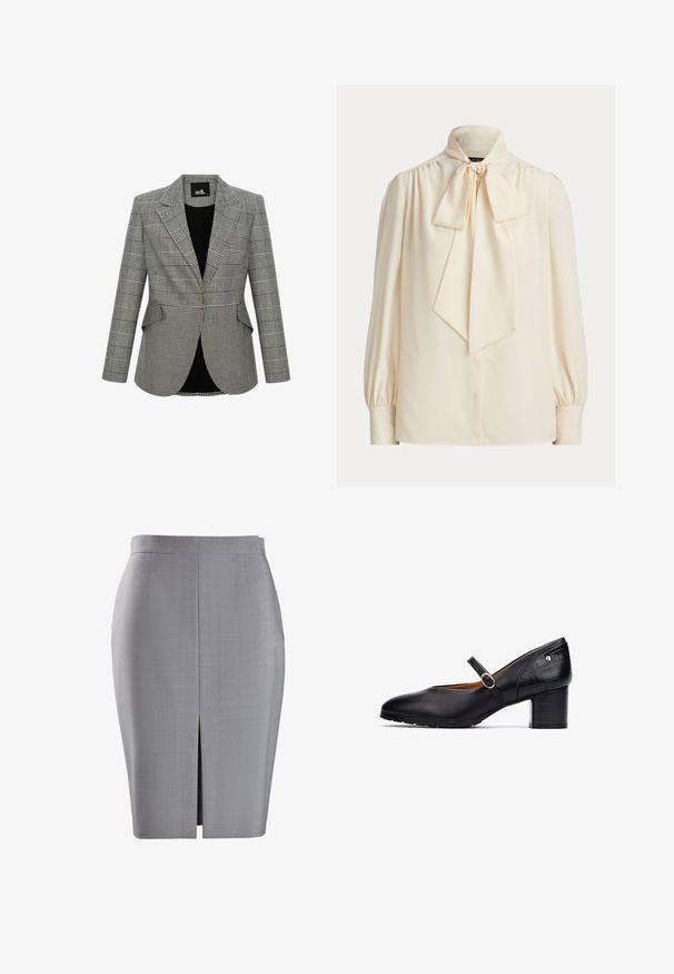 Gråternet blazer med et struktureret design, klapkrave, en enkelt knaplukning og to forlommer. Foret med sort stof.; Langærmet cremefarvet bluse med høj krave og en stor bundet sløjfe ved halsen, med rynkede skuldre og manchetærmer.; Grå blyantskørt med en glat tekstur, knælængde, med en forslidse for nem bevægelse og detaljer i sidesømmen.; Sorte læder Mary Jane sko med rund tå, ankelrem med en rund spænde og en mid-høj træblok hæl. Teksturerede detaljer på hælen.