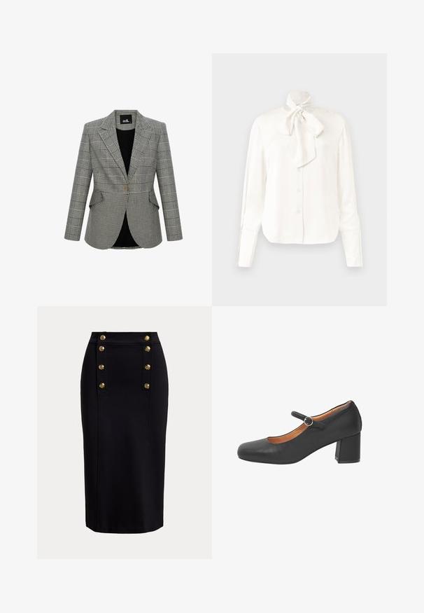 Gråternet blazer med et struktureret design, klapkrave, en enkelt knaplukning og to forlommer. Foret med sort stof.; Hvid langærmet bluse i et let materiale med høj krave og stort Sløjfedetalje ved halsen, der har en knappet front.; Sort knælang pencilskirt med front lodret panel og to rækker af seks gyldne dekorative knapper.; Sort Mary Jane-sko i læder med rundet spids, en rem med en rund metalspænde og en kraftig hæl. Glat tekstur.