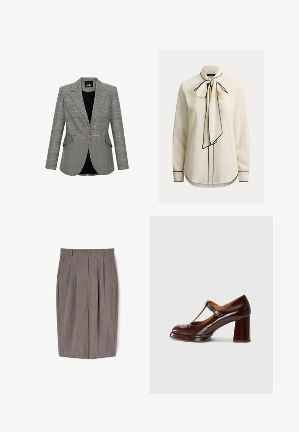 Gråternet blazer med et struktureret design, klapkrave, en enkelt knaplukning og to forlommer. Foret med sort stof.; Cremefarvet bluse med sløjfehals, marineblå kantning, lange ærmer, knaplukning og en glat stofstruktur. Skræddersyet pasform, buet kant.; Bukser med højtaljet, lige ben i brun ternet mønster med forlommer, sidelommer, bæltestropper og lukning med knap i taljen.; Chie Mihara KAYLA - Pumps - sucre choco/kimera leche