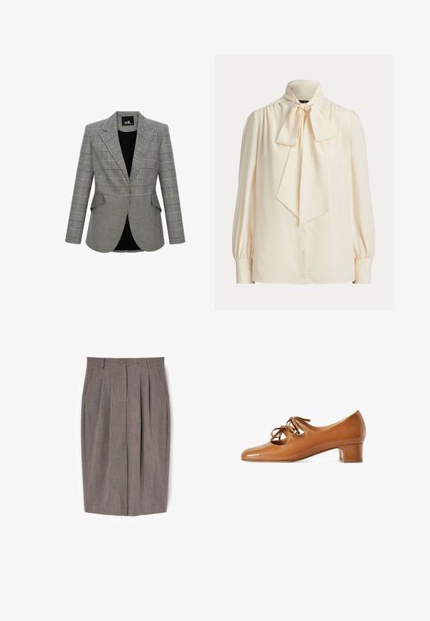 Gråternet blazer med et struktureret design, klapkrave, en enkelt knaplukning og to forlommer. Foret med sort stof.; Langærmet bluse i cremefarve med høj krave og stor bundet sløjfe ved halsen, med rynkede skuldre og knapmanchetter.; Bukser med højtaljet, lige ben i brun ternet mønster med forlommer, sidelommer, bæltestropper og lukning med knap i taljen.; Brun lædersko med lav hæl, to sløjfebindte udskæringer på overlæderet, rundet tå og en blokhæl, vist i sideprofil på hvid baggrund.