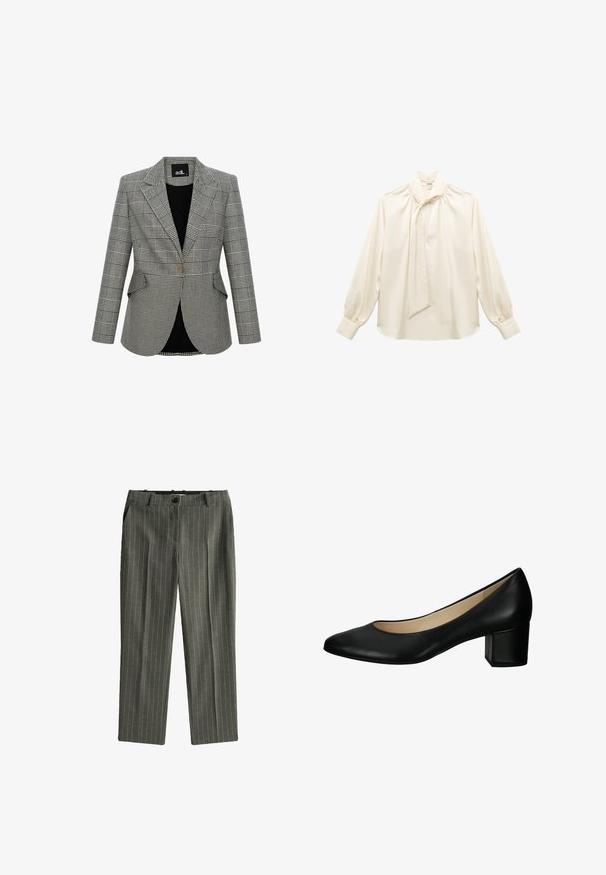 Gråternet blazer med et struktureret design, klapkrave, en enkelt knaplukning og to forlommer. Foret med sort stof.; Cremefarvet bluse lavet af glat stof, med høj hals, bindebånd, lange blussede ærmer og samlet detaljer ved skuldrene.; Grå stribede bukser lavet af et blødt stof, med lige ben, frontlommer og en enkelt knaplukning.; Sort læderpumpe med en rund tå, lav blokhæl og glat tekstur. Enkelt design uden synlige mønstre eller hardware.
