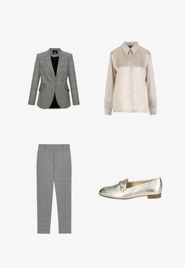 Gråternet blazer med et struktureret design, klapkrave, en enkelt knaplukning og to forlommer. Foret med sort stof.; Lysebeige skjorte med knapper i satin, der har et subtilt præget mønster, lange ærmer og klassisk kravedesign.; Grå ternede tapered bukser med bæltestropper og flad front, designet til en skræddersyet pasform.; Metallic sølv loafers med en glat tekstur, prydet med et dekorativt hardware-element og en lav trælæst. Klassisk design.