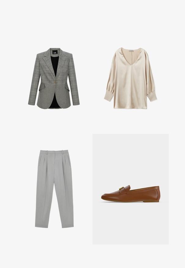 Gråternet blazer med et struktureret design, klapkrave, en enkelt knaplukning og to forlommer. Foret med sort stof.; Beige satinbluse med dyb V-udskæring, lange puffærmer og tætsiddende manchetter. Glat tekstur og minimalistisk design.; Lysegrå skræddersyede bukser med forlommer, sidelommer med slidser, bæltestropper og straight-fit ben.; Brun læderloafer med gyldent spænde og lav flad hæl, vist i sideprofil på en ensfarvet lys baggrund.