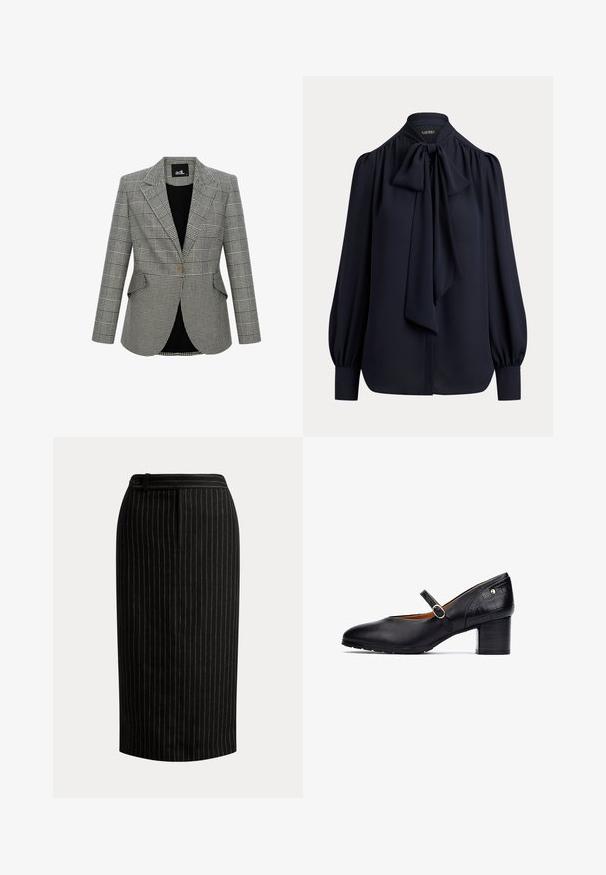 Gråternet blazer med et struktureret design, klapkrave, en enkelt knaplukning og to forlommer. Foret med sort stof.; Langærmet marinebluse med høj halsudskæring og stor bundet sløjfe ved kraven, med rynkede skuldre og knapmanchetter.; Sort knælængde blyantnederdel med tynde lodrette hvide nålestriber og en detaljeret linning med knapper.; Sorte læder Mary Jane sko med rund tå, ankelrem med en rund spænde og en mid-høj træblok hæl. Teksturerede detaljer på hælen.