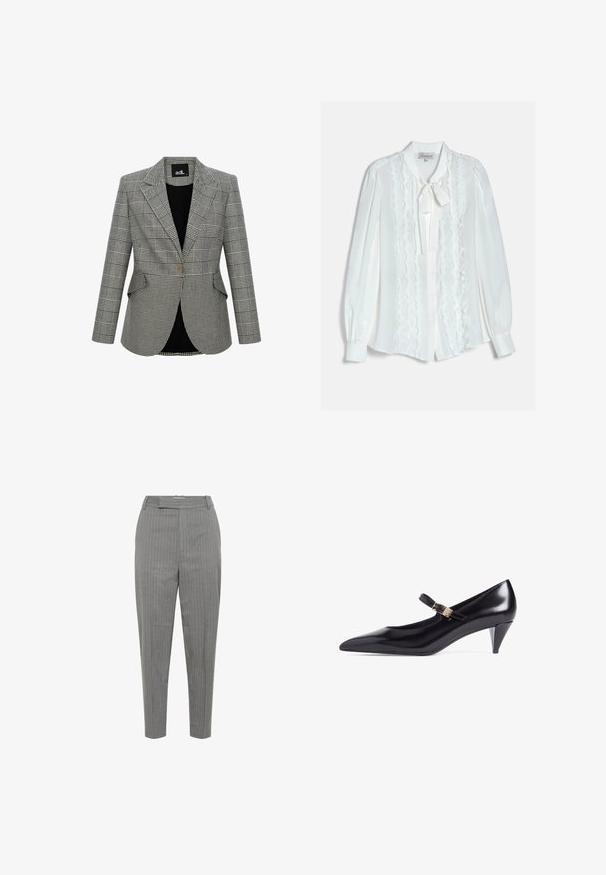 Gråternet blazer med et struktureret design, klapkrave, en enkelt knaplukning og to forlommer. Foret med sort stof.; Hvid bluse med lange ærmer med lodrette flæser, knapper foran, manchetærmer og en bundet sløjfe ved kraven.; Grå stribede bukser med en skræddersyet pasform, der har høj talje, lige ben og en glat tekstur. Nålstriberne er i en kontrasterende farve.; Sort laklæder Mary Jane-pumps med spids snude, buet hæl og justerbar rem med spænde i guldfarve. Glat tekstur.