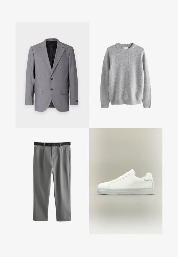 Grå blazer med en glat tekstur, enkeltknappet design, jakkelapper, to knapper og to sidelommer; foret inderside synlig.; Grå strikket sweater med struktureret mønster, rund hals og lange ærmer. Fremstillet af et blødt materiale med ribstrikkede manchetter og kant.; Grå bukser med lige ben, sidelommer og et sort læderbælte, lagt fladt på en hvid baggrund.; Hvid lavtop sneaker med snørelukning foran, polstret krave og tekstureret gummisål, vist i sidelayout på neutral baggrund.