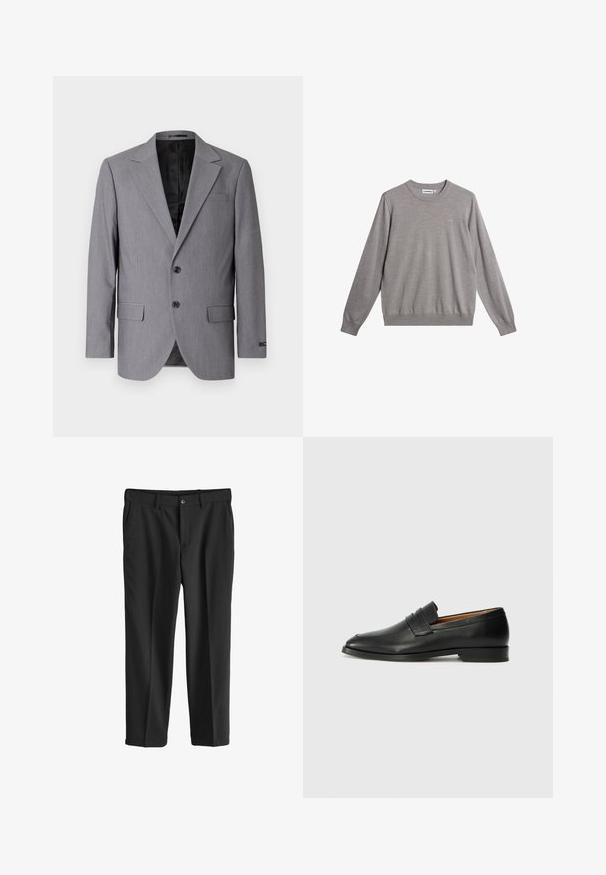 Grå blazer med en glat tekstur, enkeltknappet design, jakkelapper, to knapper og to sidelommer; foret inderside synlig.; Grå sweater lavet af blødt materiale, med rund hals, ribbede manchetter og kant, samt et diskret logo på forsiden.; Next REGULAR FIT - Chino - black; Sort læder loafer med rund tå, diskret syning, og lav hæl, der har en glat tekstur og minimalistisk design.