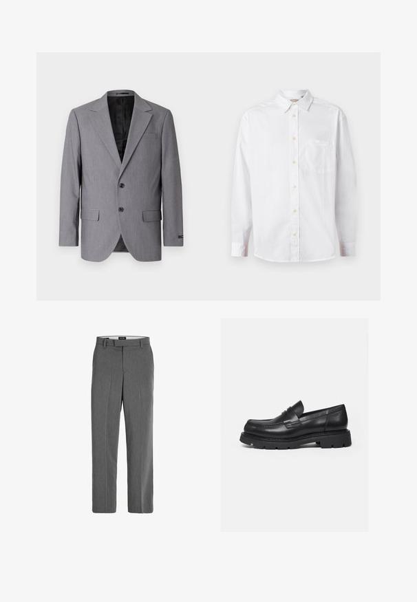Grå blazer med en glat tekstur, enkeltknappet design, jakkelapper, to knapper og to sidelommer; foret inderside synlig.; Hvid langærmet skjorte med knapper, krave og brystlomme, vist på en ensfarvet lys baggrund.; Grå bukser med en glat tekstur, lige ben-design og subtilt lodret mønster. Har remsløjfer samt for- og baglommer.; Sort læderloafer med tyk rillede sål og penny-remdetalje, vist i højre sideprofil på hvid baggrund.