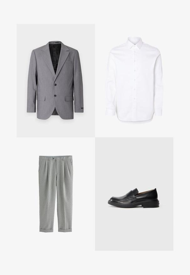 Grå blazer med en glat tekstur, enkeltknappet design, jakkelapper, to knapper og to sidelommer; foret inderside synlig.; Hvid skjorte med lange ærmer, klassisk krave og knapper ved manchetterne.; Grå ternede bukser med bæltestropper, frontplisser, sidelommer, knaplukning og opsmøgede kanter.; Sorte læder slip-on dress sko med lav hæl og subtil Calvin Klein logo på siden, vist i profil på en hvid baggrund.