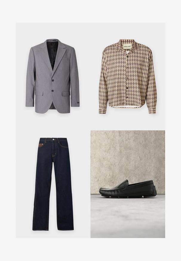 Grå blazer med en glat tekstur, enkeltknappet design, jakkelapper, to knapper og to sidelommer; foret inderside synlig.; Langærmet skjorte med knapper, med brunt og beige abstrakt gittermønster og en spredt krave, vist på en hvid baggrund.; Mørkeblå denimbukser med lige ben-design. Har en frontlukning med knap, baglomme med logo og orange syninger.; Sort læderloafer, der svæver over beige tæppegulv ved siden af et rundt, ravfarvet glasbord.