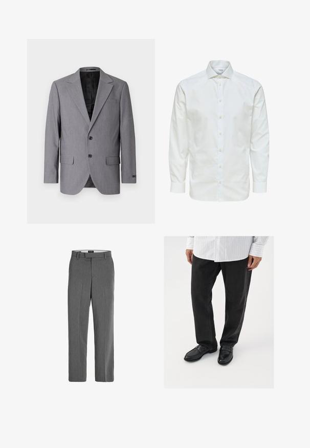 Grå blazer med en glat tekstur, enkeltknappet design, jakkelapper, to knapper og to sidelommer; foret inderside synlig.; Hvid skjorte med lange ærmer med knaplukning foran og spids krave, vist mod en hvid baggrund.; Grå bukser med en glat tekstur, lige ben-design og subtilt lodret mønster. Har remsløjfer samt for- og baglommer.; Sorte denimbukser parret med skinnende sorte loafers. Skjorten er hvid med tynde lodrette striber, har lange ærmer og en knapkrave.