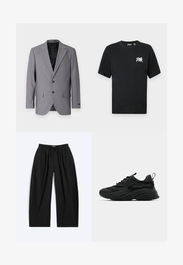 Grå blazer med en glat tekstur, enkeltknappet design, jakkelapper, to knapper og to sidelommer; foret inderside synlig.; Sort bomulds-T-shirt med korte ærmer, rund hals, forsynet med et hvidt grafisk logo på venstre brystområde og en glat tekstur.; Sorte vidde bukser med elastisk taljebånd og snøre, med sidelommer og afslappet pasform.; Sorte atletiske sneakers med en kraftig sål, meshpaneler og gummidetaljer. Har en trækflap ved hælen og strukturerede mønstre.