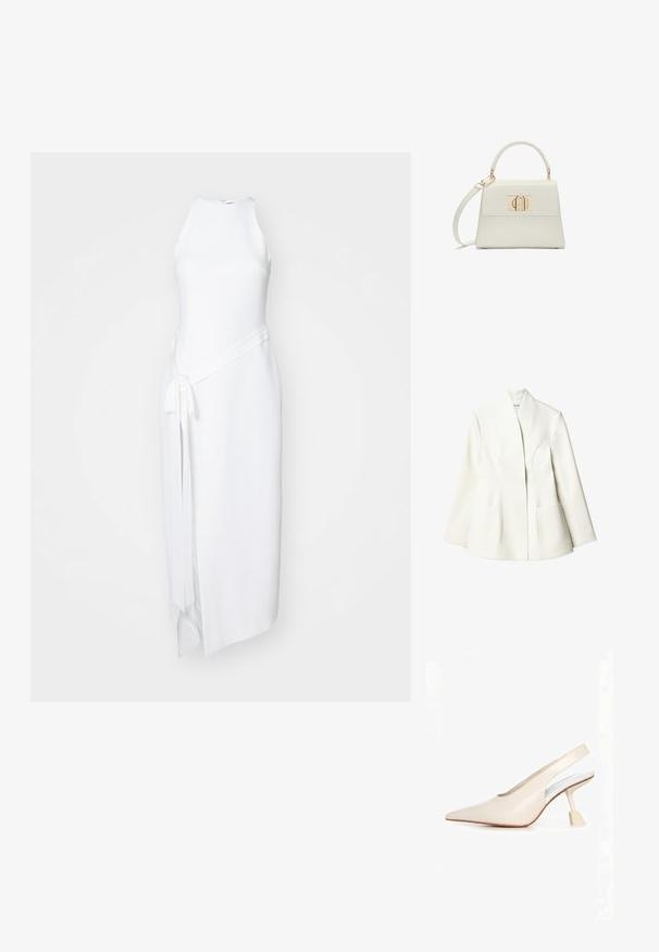 NA-KD Blazer - white; Hvid ærmeløs kjole med høj halsudskæring, der har en asymmetrisk kant, sidelivrem og glat tekstur.; Kremfarvet slingback-hæl med spids tå, unik hæl med firkantet stilet og glat læderfinish.; Lille hvid håndtaske med topgreb, aftagelig skulderrem og guld rektangulært spænde på frontklap.