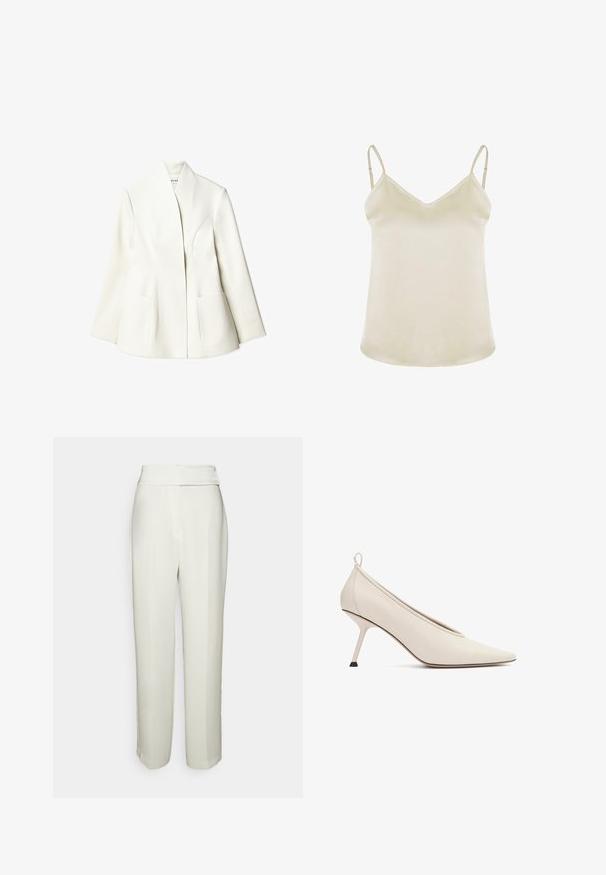 NA-KD Blazer - white; Camisole beige clair avec un décolleté en V, des bretelles réglables et une texture lisse et douce. Design simple sans motifs ni ornementations.; Halston KARTER WEDDING PANT - Pantalon classique - chalk; Chaussure à talons hauts pour femmes en cuir couleur crème, à bout pointu et talon aiguille fin, vue de côté sur fond blanc.