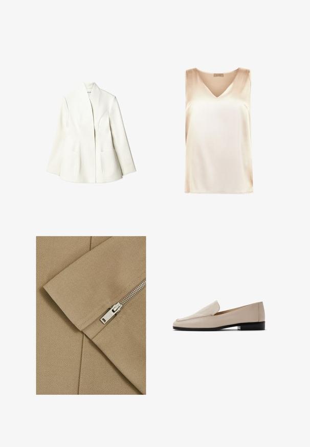 NA-KD Blazer - white; Beige ærmeløs top lavet af glat stof med v-hals design og lige kant. Minimalistisk stil uden yderligere mønstre eller accenter.; Beige stof med en tekstureret overflade og diagonal søm, prydet med en sølvfarvet lynlås med et rektangulært træk.; Beige læderloafers med en glat tekstur, rund tå og minimal syning. Med en lav sort hæl og slip-on design.