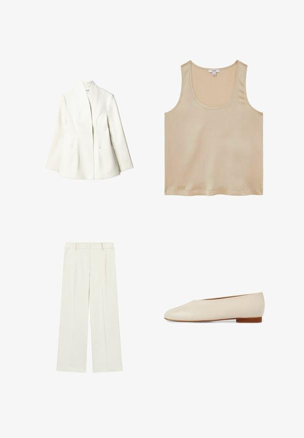 NA-KD Blazer - white; Reiss REGULAR FIT - Blouse - neutral; Pantalon blanc droit sur mesure avec passants de ceinture et poches latérales sur fond uni.; Chaussure plate en cuir beige avec un design à bout pointu, une forme minimaliste et un petit talon en bois pour la stabilité et le confort.