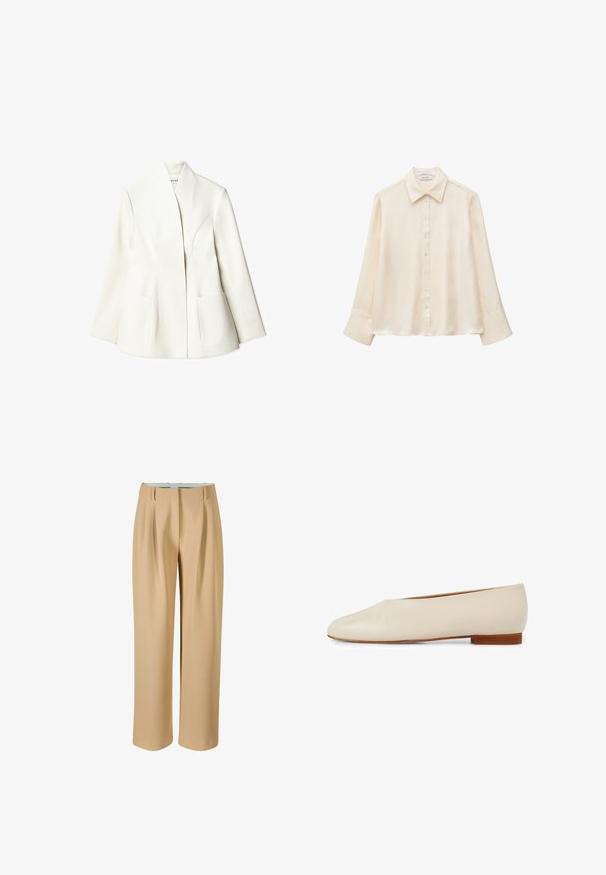 NA-KD Blazer - white; Chemisier en soie crème à manches longues avec col pointu et fermeture à boutons devant, présenté sur fond blanc uni. Aucun motif ou dessin visible.; Pantalons larges beige en tissu lisse, avec des plis à l'avant et une taille ajustée. Pas de poches visibles ni d'ornements.; Chaussure plate en cuir beige avec un design à bout pointu, une forme minimaliste et un petit talon en bois pour la stabilité et le confort.