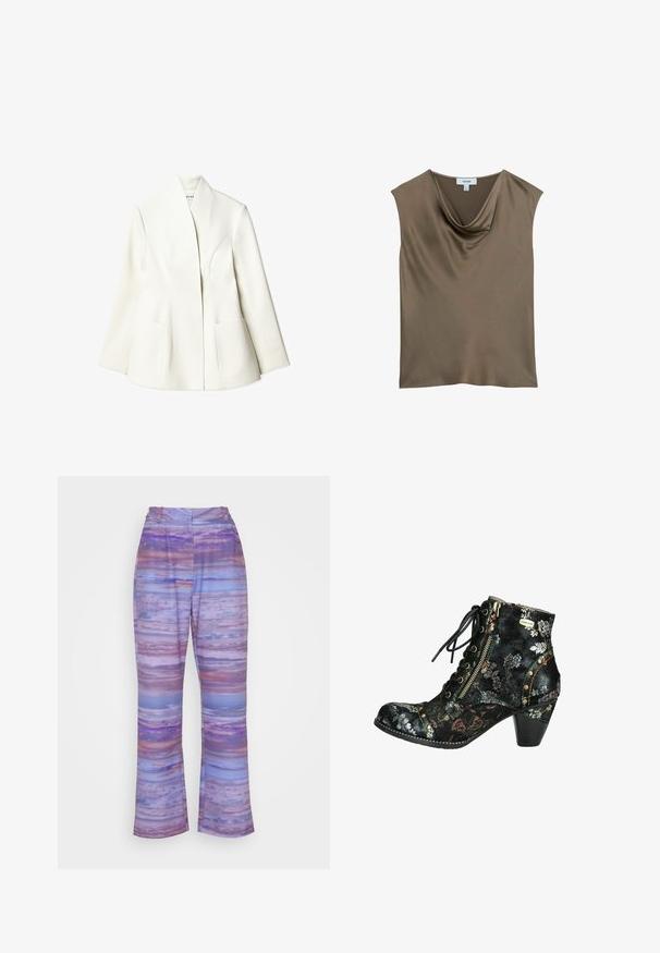 NA-KD Blazer - white; Mouwloze taupekleurige satijnen blouse met gedrapeerde watervalhals en een gladde, vloeiende textuur.; HOSBJERG LINE ADELE PANTS - Broek - abstract dinner purple; Zwarte enkelboot met bloemenpatroon, vetersluiting en zijrits, gestructureerd materiaal, contrasterende stiksels en een bescheiden hak.