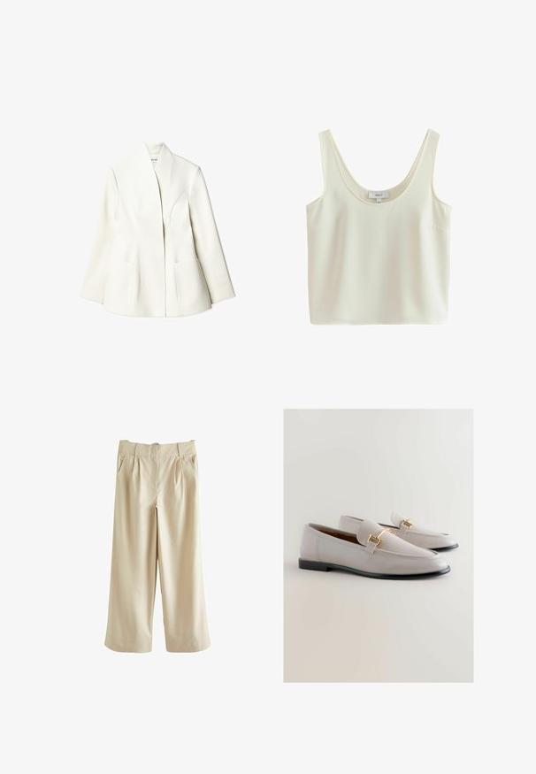 NA-KD Blazer - white; Débardeur court sans manches couleur crème avec larges bretelles et encolure dégagée, en tissu lisse.; Next SMART WIDE LEG - Pantalon classique - stone; Mocassins en cuir gris clair avec un bout pointu, ornés d'un accent métallique doré et d'un petit talon noir. Texture lisse, design minimaliste.