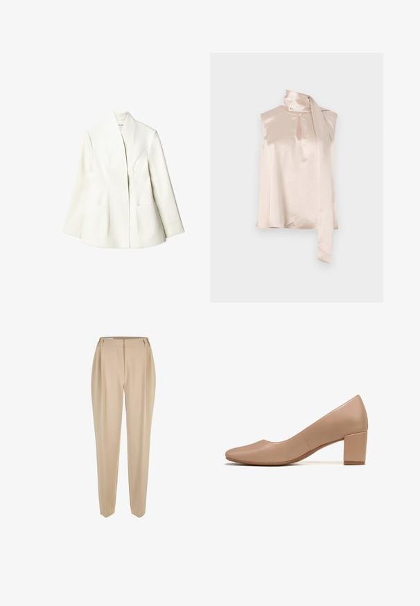 NA-KD Blazer - white; Top sans manches en satin rose pâle avec un décolleté en trou de serrure et un foulard drapé attaché à l'épaule. Texture lisse, design minimaliste.; Pantalons beiges ajustés à jambe droite avec passants de ceinture, zip frontal et poches latérales, présentés sur un fond blanc.; Chaussure à talon haut en cuir nude avec un bout pointu et un talon carré bloc, présentant une texture lisse et un design minimaliste.