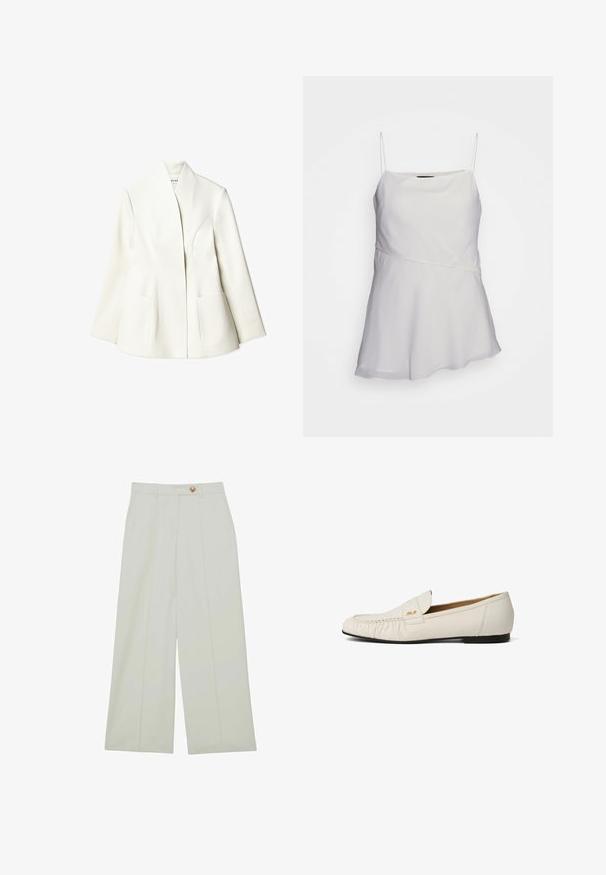 NA-KD Blazer - white; Haut blanc sans manches avec des bretelles fines, une coupe décontractée et un design asymétrique. Fabriqué dans un tissu lisse et léger.; Pantalon à jambes larges en tissu léger, de couleur blanc cassé, avec des plis devant et une fermeture à bouton unique.; Mocassin en cuir blanc avec une semelle plate noire, un détail plissé à l'avant et un petit logo doré sur le côté de la tige.