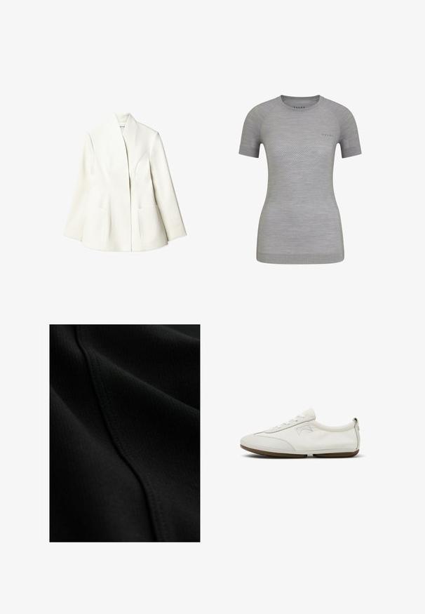 NA-KD Blazer - white; T-shirt de sport à manches courtes gris clair avec une texture respirante et des détails en maille à motifs. Logo FALKE à l'avant. Encolure ronde.; Gros plan sur un tissu noir à fine texture côtelée avec une couture visible traversant en diagonale la surface.; Baskets basses blanches avec des lacets blancs, des détails de couture subtils, une semelle plate marron et un petit logo en relief sur le côté.