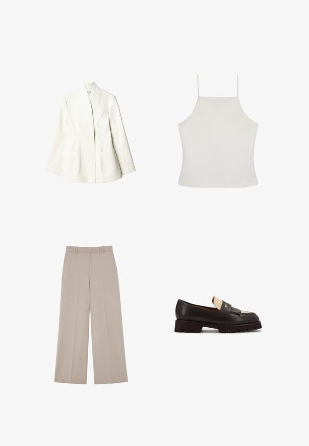 NA-KD Blazer - white; Crop top blanc sans manches avec fines bretelles et logo "cK" subtil brodé sur la poitrine, fond uni.; Pantalon beige à jambes larges avec fermeture avant dissimulée et poches latérales, conçu pour un look formel ou business casual.; Mocassin en cuir marron foncé avec une semelle épaisse à relief, un détail en cuir crème sur le dessus et une frange décorative sur le dessus du pied.