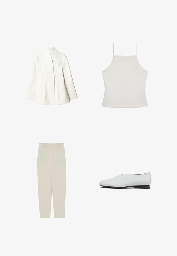 NA-KD Blazer - white; Hvid ærmeløs crop top med tynde stropper og diskret "cK"-logo broderet på brystet, ensfarvet baggrund.; Beige lige benbukser med en glat tekstur, der har høj talje, frontfoldsdetaljer og rene linjer for en skræddersyet pasform.; Hvid lædersko med rundet tå og lav sort hæl, der har en glat tekstur og et enkelt, elegant silhuet.