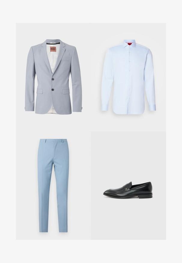 Lichtblauwe op maat gemaakte blazer van gladde stof met revers, twee voorzakken, sluiting met drie knopen en subtiele witte voering.; Lichtblauwe overhemd met lange mouwen, knoopsluiting en een spreidkraag, afgeronde onderkant en witte knopen. Glad stof met een subtiele glans.; Lichtblauwe op maat gemaakte broek met een slim fit, gladde textuur, kreukvrij voorpand, nauwsluitende tailleband en ceintuurlussen. Geen zichtbare zakken.; Zwarte leren herenslipper met lage hak, afgeronde neus en klein metalen logo op het riempje, zijaanzicht tegen een effen achtergrond.
