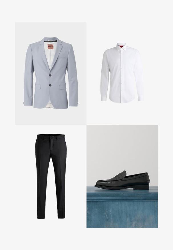 Lichtblauwe op maat gemaakte blazer van gladde stof met revers, twee voorzakken, sluiting met drie knopen en subtiele witte voering.; Witte overhemden van soepel materiaal met een klassieke kraag, lange mouwen en een afgeronde zoom. Voorzien van beige knopen aan de voorkant.; Zwarte broeken gemaakt van een gladde stof, met een rechte pijp, enkele sluiting aan de voorkant, lusjes voor een riem en een schoon, eenvoudig ontwerp.; Zwarte leren loafers met een strak ontwerp, voorzien van een gestikte neus en een gladde afwerking. De schoen heeft een lage hak en minimale details.