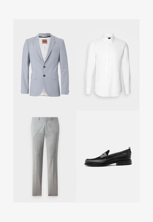 Lyseblå skræddersyet blazer i glat stof med klapkraver, to frontlommer, tre-knaps lukning og subtil hvid foring.; Hvid skjorte med lange ærmer, knaplukning foran, klassisk krave, lavet af glat stof med en subtil tekstur, designet til et tætsiddende udseende.; Grå skræddersyede bukser lavet af et glat stof, med et fint ternet mønster, lige ben og bæltestropper. Ingen synlige lommer.; Sort læderloafer med grå remdetalje, lav hæl og tekstureret sål, mærket med "HUGO" i guld på siden.