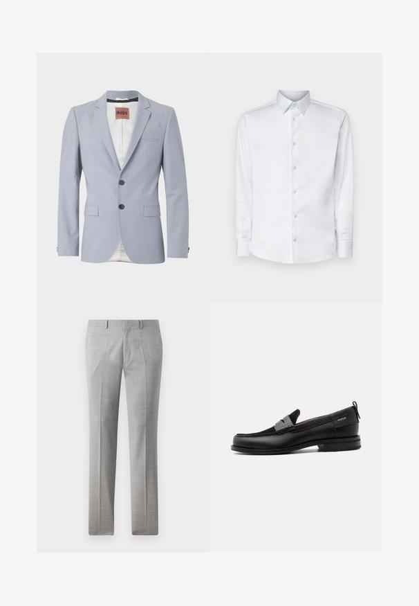 Lichtblauwe op maat gemaakte blazer van gladde stof met revers, twee voorzakken, sluiting met drie knopen en subtiele witte voering.; Witte lange mouw shirt gemaakt van gladde stof, met een klassieke kraag, knoopsluiting en manchetten met knopen, gepresenteerd tegen een effen achtergrond.; Grijze op maat gemaakte broek van een gladde stof, met een fijn gecontroleerd patroon, rechte pijpen en riemlussen. Geen zichtbare zakken.; Zwarte leren loafer met grijs riemdetailelement, lage hak en gestructureerde zool, aan de zijkant gebrandmerkt met "HUGO" in goud.