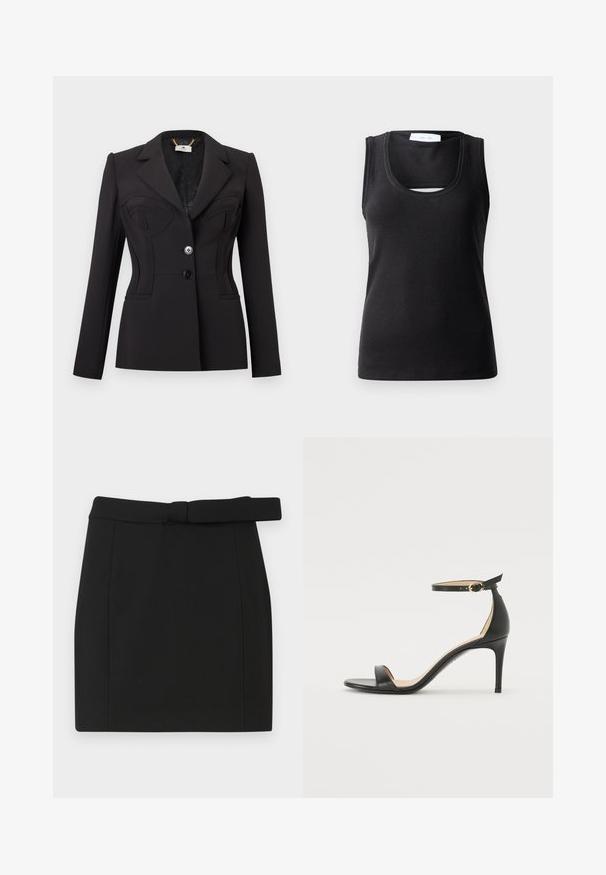 Blazer noir ajusté à manches longues, avec deux boutons à l'avant, détail structuré au niveau de la poitrine, et col à revers cranté.; Débardeur sans manches noir en tissu côtelé, avec une encolure dégagée et un petit détail découpé à l'avant pour un design supplémentaire.; Mini-jupe noire en tissu lisse, dotée d'une ceinture à la taille, de coupe droite et de coutures nettes sans motifs ou ornements supplémentaires.; Sandale à talons hauts en cuir noir avec une lanière de cheville. Présente une texture lisse, un bout ouvert et un talon fin. Détail de boucle en ton doré.
