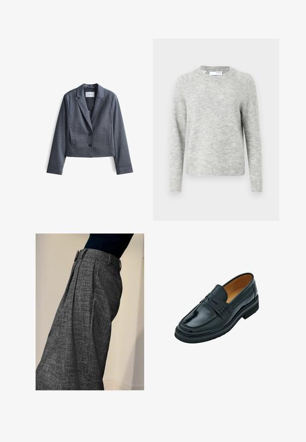 Donkergrijze, geknipte blazer gemaakt van soepel materiaal met gespiegelde revers, sluiting met twee knopen en zijzakken. Eenvoudig ontwerp, minimale accenten.; Lichtgrijze gebreide trui met lange mouwen, ronde hals, geribde boorden en zoom, label Selected Femme, maat medium.; Persoon in een grijze hoge taille broek met structuur en plooien aan de voorkant, gecombineerd met een zwarte top, zijaanzicht tegen een effen achtergrond.; Zwarte leren instappers met een gladde afwerking, voorzien van een verhoogde band over de wreef, een ronde neus en een lage, platte rubberen zool.