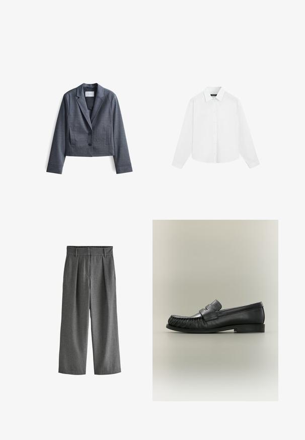 Donkergrijze, geknipte blazer gemaakt van soepel materiaal met gespiegelde revers, sluiting met twee knopen en zijzakken. Eenvoudig ontwerp, minimale accenten.; Wit overhemd met lange mouwen en knopen met kraag, plat liggend tegen een witte achtergrond.; Grijze, wijde broek van geweven stof met een textuurafwerking, voorzien van een aansluitende taille en geplooid voorkantontwerp, met twee zijzakken.; Zwarte leren penny loafer met geplooid teen-detail en lage gestapelde hak, zijaanzicht tegen een neutrale achtergrond.