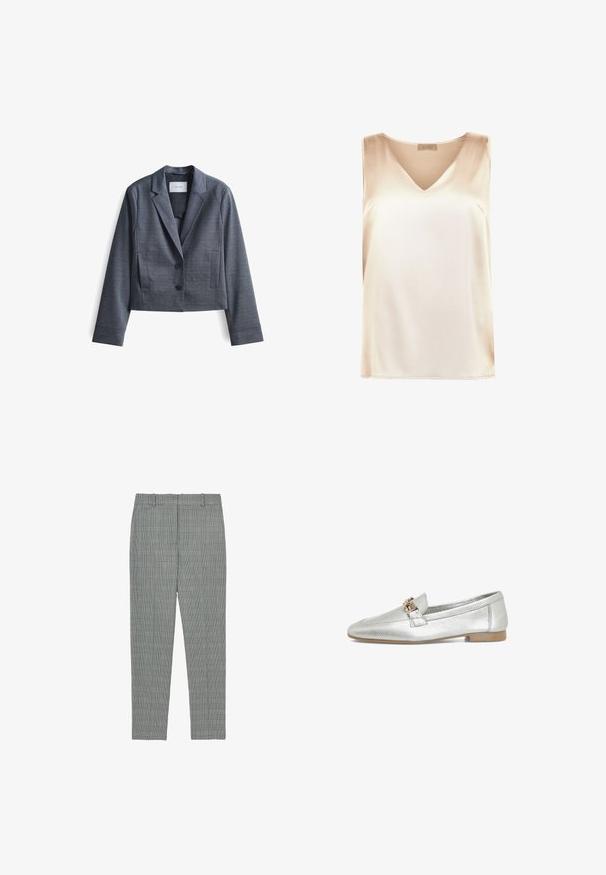 Dunkelgrauer, taillierter Blazer aus glattem Stoff mit Reverskragen, Zwei-Button-Verschluss und seitlichen Taschen. Schlichte Gestaltung, minimalistische Akzente.; Beige ärmelloses Top aus glattem Stoff mit V-Ausschnitt und geradem Saum. Minimalistischer Stil ohne zusätzliche Muster oder Akzente.; Grau karierte Hose im Slim Fit mit flachem Vorderteil und Gürtelschlaufen. Hergestellt aus einem glatten Stoff mit einer feinen Textur.; Silberner Lederloafer mit strukturiertem Finish, ausgestattet mit einem goldfarbenen Hardwareakzent an der Vorderseite und einem niedrigen, flachen Absatz.