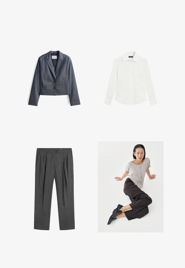 Donkergrijze, geknipte blazer gemaakt van soepel materiaal met gespiegelde revers, sluiting met twee knopen en zijzakken. Eenvoudig ontwerp, minimale accenten.; Wit overhemd met lange mouwen, kraag en manchetten, plat liggend op een witte achtergrond.; Donkergrijze op maat gemaakte broek met voorplooien, zijzakken, een knoop aan de taille en een ritssluiting.; Lichtgrijze top met korte mouwen, donkere wijde broekspijpen en zwarte loafers. Soepele stof, ontspannen pasvorm en contrasterende bies op het shirt.