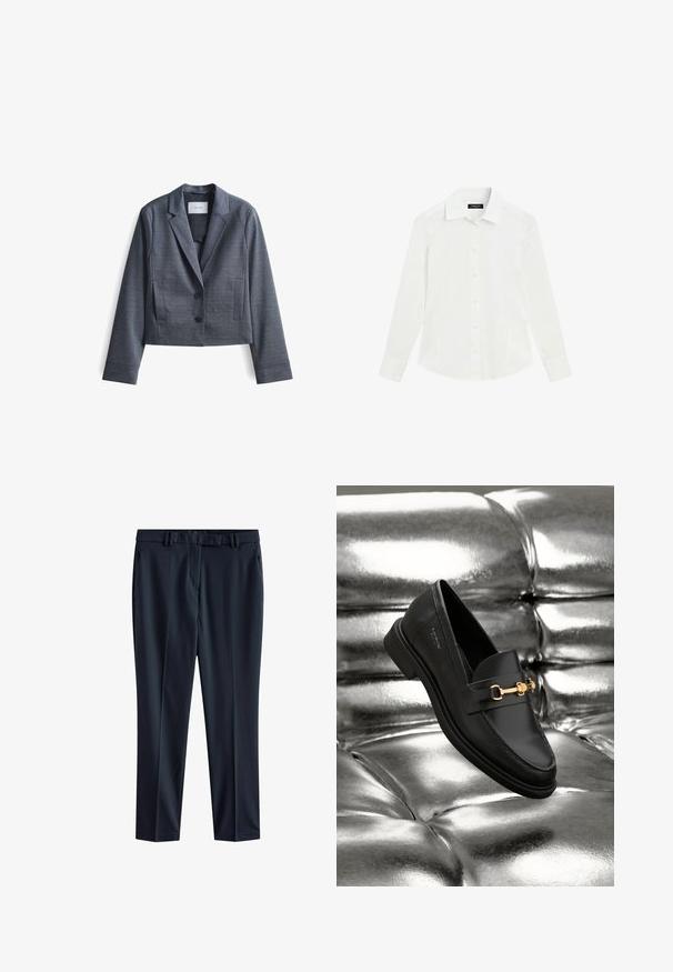 Donkergrijze, geknipte blazer gemaakt van soepel materiaal met gespiegelde revers, sluiting met twee knopen en zijzakken. Eenvoudig ontwerp, minimale accenten.; Wit overhemd met lange mouwen, kraag en manchetten, plat liggend op een witte achtergrond.; Marineblauwe broek van gladde stof met een rechte snit, voorzien van een tailleband met riemlussen en zijzakken.; Zwarte leren instapper met een goudkleurig hardware-detail. De schoen heeft een strak ontwerp en een gladde, glanzende textuur.