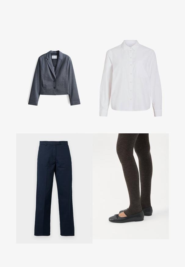 Donkergrijze, geknipte blazer gemaakt van soepel materiaal met gespiegelde revers, sluiting met twee knopen en zijzakken. Eenvoudig ontwerp, minimale accenten.; Wit overhemd met lange mouwen, knoopsluiting aan de voorkant, klassieke kraag, enkele borstzak, gemaakt van gladde, lichtgewicht stof met een ontspannen pasvorm.; Navyblauwe katoenen broeken met een rechte pasvorm, platte voorkant en riemlussen; heeft een gladde textuur en een perslijn detail.; Benen met donkere geribbelde leggings gecombineerd met zwarte ballerina's met kleine strikdetails op een witte achtergrond.