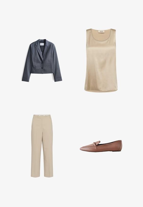 Dunkelgrauer, taillierter Blazer aus glattem Stoff mit Reverskragen, Zwei-Button-Verschluss und seitlichen Taschen. Schlichte Gestaltung, minimalistische Akzente.; Ärmelloses beiges Satinoberteil mit rundem Ausschnitt und Mos Mosh Etikett innen am Kragen.; Beige gerade geschnittene Anzughose mit Gürtelschlaufen und verdecktem Frontverschluss, auf einem weißen Hintergrund präsentiert.; Brauner flacher Ledermokassin mit abgerundeter quadratischer Spitze und einer Schlaufe über dem Obermaterial, von der Außenseite gezeigt.