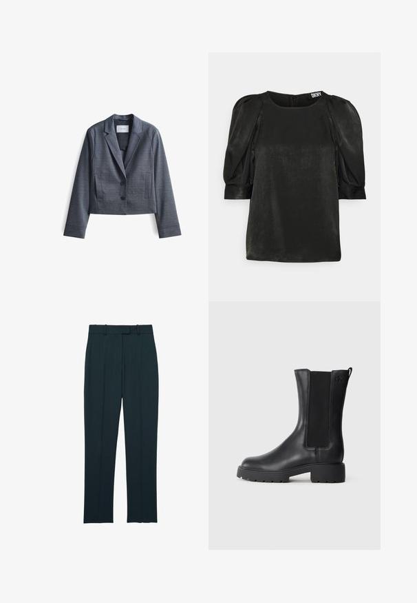 Donkergrijze, geknipte blazer gemaakt van soepel materiaal met gespiegelde revers, sluiting met twee knopen en zijzakken. Eenvoudig ontwerp, minimale accenten.; DKNY Blouse - black; Donker marineblauwe, op maat gemaakte formele broek met riemlussen en een smalle rechte pasvorm, plat neergelegd op een witte achtergrond.; Zwarte leren enkelboot met elastische zijpanelen, ronde neus en stevige rubberen zool. Voorzien van een subtiele logo-embossing aan de zijkant.