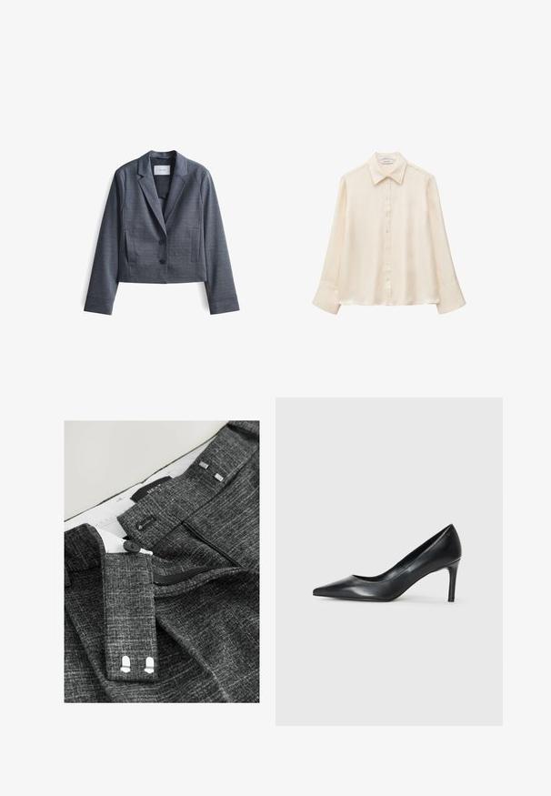 Dunkelgrauer, taillierter Blazer aus glattem Stoff mit Reverskragen, Zwei-Button-Verschluss und seitlichen Taschen. Schlichte Gestaltung, minimalistische Akzente.; Langärmlige cremefarbene Seidenbluse mit spitzem Kragen und Knopfleiste vorne, dargestellt auf schlichtem weißem Hintergrund. Keine sichtbaren Muster oder Designs.; Grau strukturierte Hose mit Knopfverschluss, Reißverschluss und zusätzlichen Haken, mit silbernen Akzenten an der Taille und der Innenverarbeitung.; Schwarze Leder-Pumps mit spitzem Zehenbereich und schmalem Absatz, glatter Textur und ohne sichtbare Verzierungen. Sauberes Design mit minimalistischem Ästhetik.