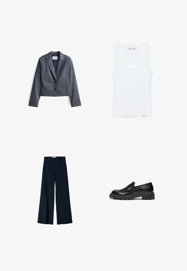 Donkergrijze, geknipte blazer gemaakt van soepel materiaal met gespiegelde revers, sluiting met twee knopen en zijzakken. Eenvoudig ontwerp, minimale accenten.; Effen witte mouwloze tanktop met ronde hals, gemaakt van zachte stof, met een label aan de binnenkant van de kraag dat merk en maat aangeeft.; Marineblauwe wijde broek gemaakt van een gladde stof, met twee voorplooien en een enkele knoopsluiting in de taille.; Zwarte leren instappers met een ronde neus, gestikte details en een stevige rubberen zool met een gestructureerd loopvlak.