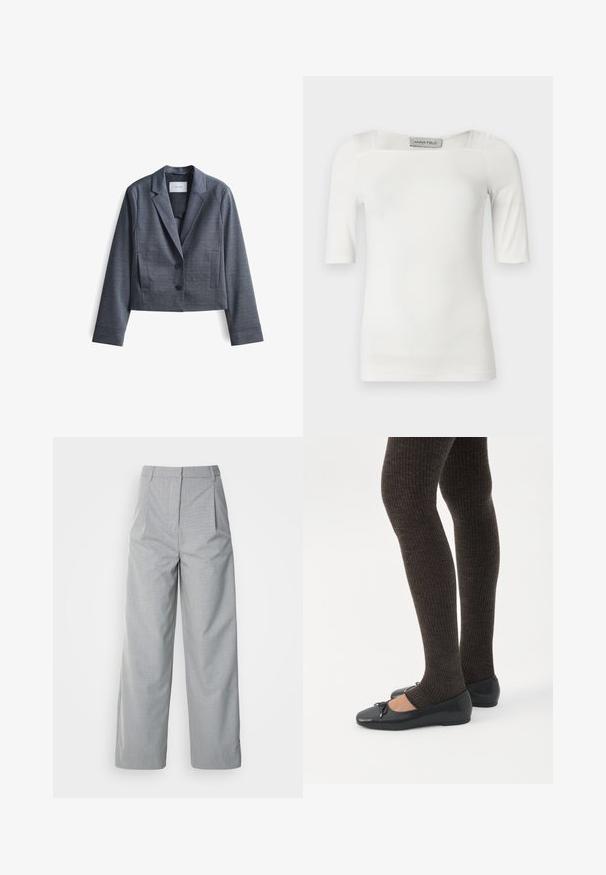 Donkergrijze, geknipte blazer gemaakt van soepel materiaal met gespiegelde revers, sluiting met twee knopen en zijzakken. Eenvoudig ontwerp, minimale accenten.; Wit T-shirt met korte mouwen en een vierkante halslijn, gemaakt van een gladde stof, met subtiele naaddetails op de schouders en zijkanten.; Grijze wijde broek van gestructureerde stof, met een hoge taille, plooien aan de voorkant en een rechte pasvorm naar de zoom.; Benen met donkere geribbelde leggings gecombineerd met zwarte ballerina's met kleine strikdetails op een witte achtergrond.