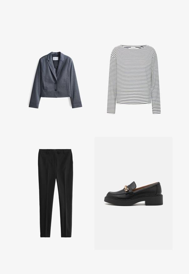 Dunkelgrauer, taillierter Blazer aus glattem Stoff mit Reverskragen, Zwei-Button-Verschluss und seitlichen Taschen. Schlichte Gestaltung, minimalistische Akzente.; Langärmliges Oberteil mit Bootsausschnitt, aus weichem Stoff mit horizontalen Streifen in Marineblau und Weiß. Gerader Schnitt und minimalistische Details.; Schwarze Hose aus glattem, leichtem Stoff. Verfügt über eine taillierte Passform, vordere Fältelungen und Standard-Gürtelschlaufen mit Seiten- und Gesäßtaschen.; Schwarzer Leder-Slipper mit einer klobigen Plateausohle, verziert mit einer goldfarbenen Kettenakzent und sichtbaren Nahtdetails. Glatte Textur und elegantes Design.